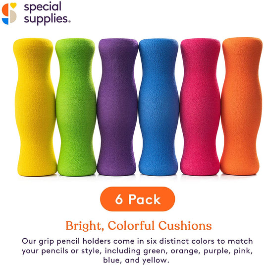 Long Foam Pencil Grips for Kids and Adults (6-Pack) Colorful, Cushioned Holders for Handwriting, Drawing, Coloring | Ergonomic Right or Left-Handed Use | Reusable