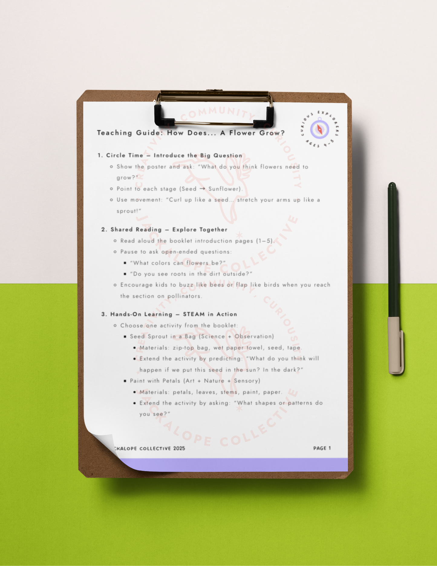 Printable teaching guide from the kids’ STEAM activity booklet ‘How Does… A Flower Grow?’ shown on a clipboard with a pen, including circle time prompts, shared reading, and hands-on learning activities.