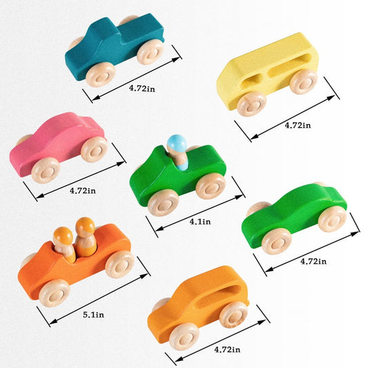 7 Pcs Colored Wooden Rainbow Cars Set with 3 pcs Peg Dolls