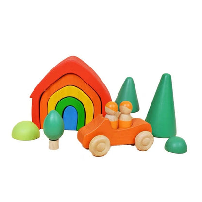 5 Pcs STAINED Rainbow Wooden Stacking House