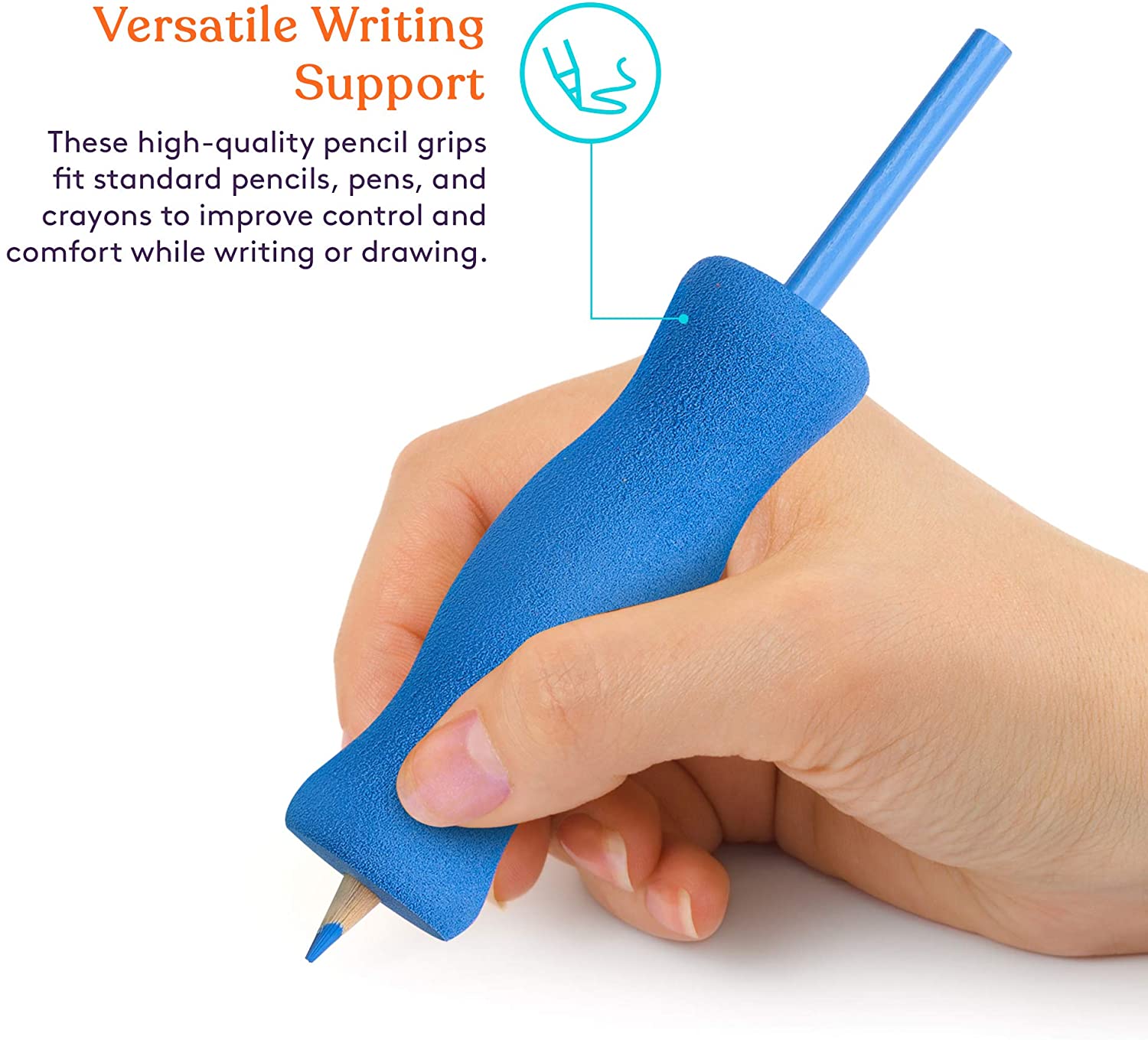 Long Foam Pencil Grips for Kids and Adults (6-Pack) Colorful, Cushioned Holders for Handwriting, Drawing, Coloring | Ergonomic Right or Left-Handed Use | Reusable