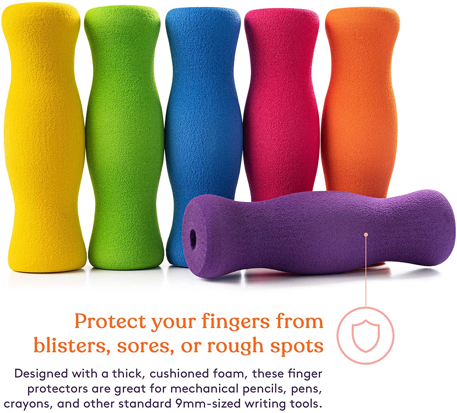 Long Foam Pencil Grips for Kids and Adults (6-Pack) Colorful, Cushioned Holders for Handwriting, Drawing, Coloring | Ergonomic Right or Left-Handed Use | Reusable