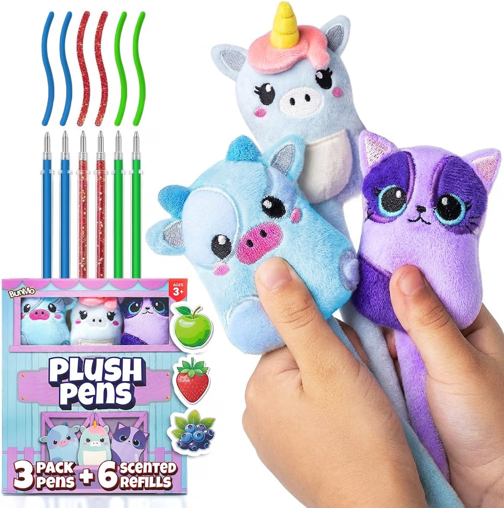 BunMo Plush Pens 3-Pack w/Scented Glitter Ink Refills – Cat, Cow, Unicorn