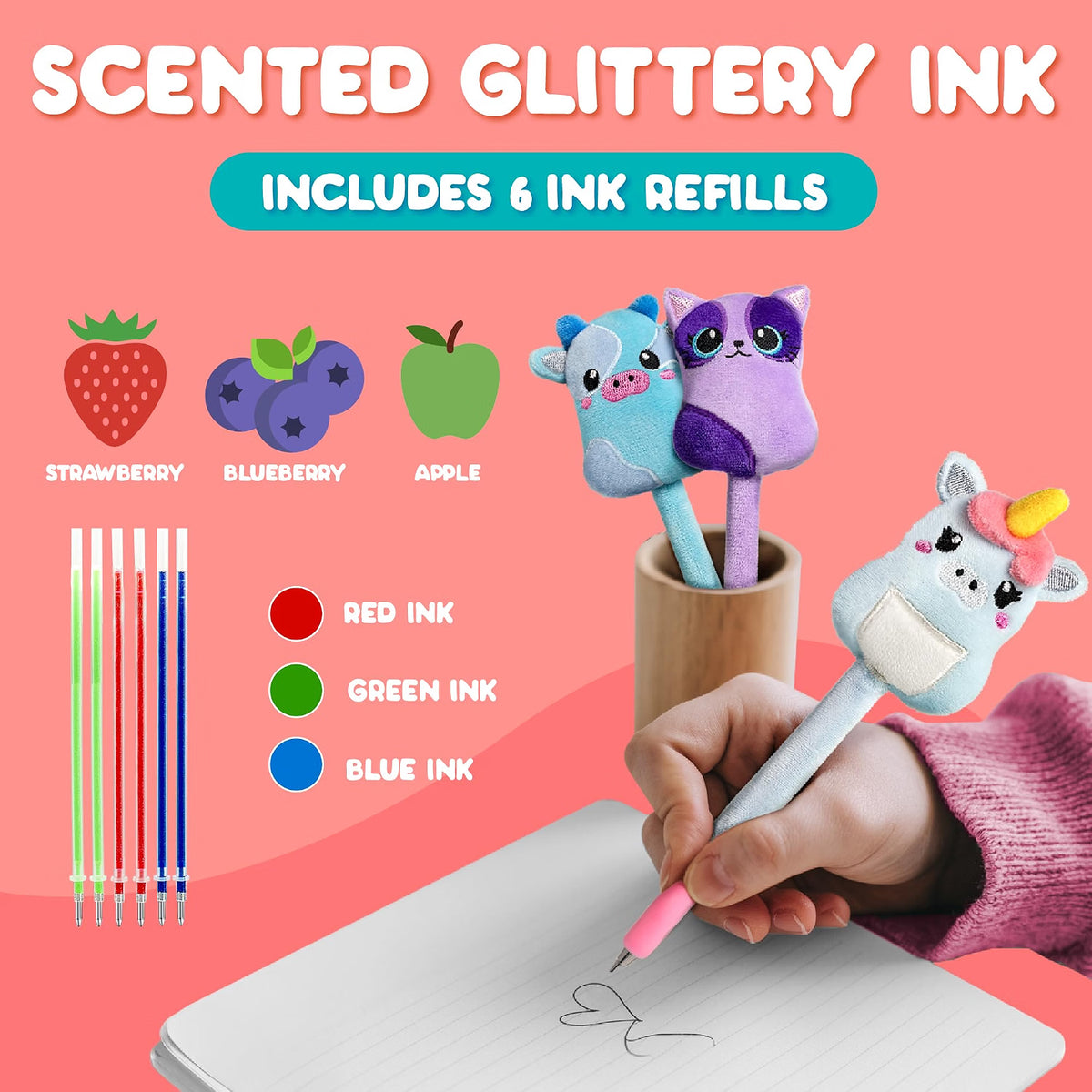 BunMo Plush Pens 3-Pack w/Scented Glitter Ink Refills – Cat, Cow, Unicorn
