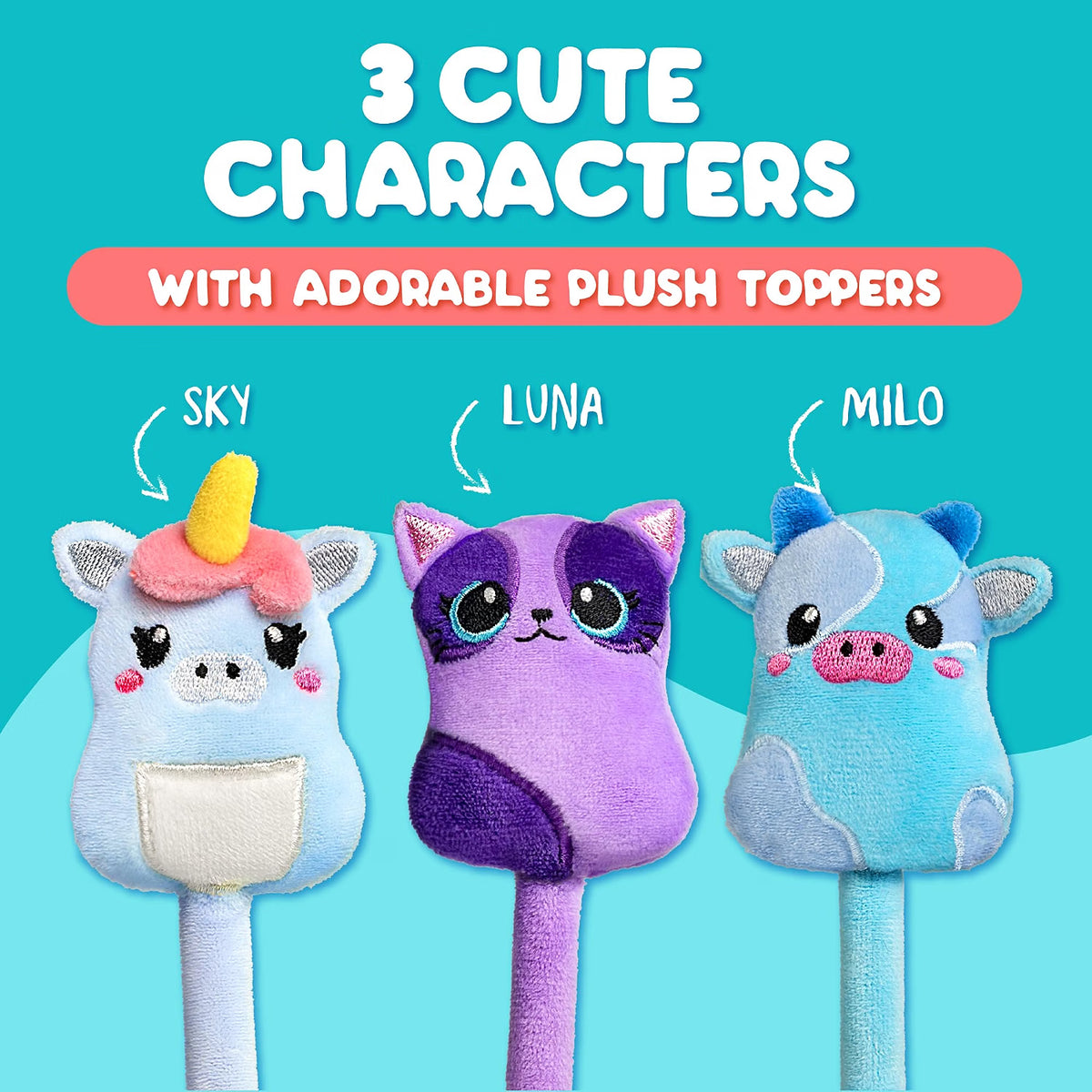 BunMo Plush Pens 3-Pack w/Scented Glitter Ink Refills – Cat, Cow, Unicorn