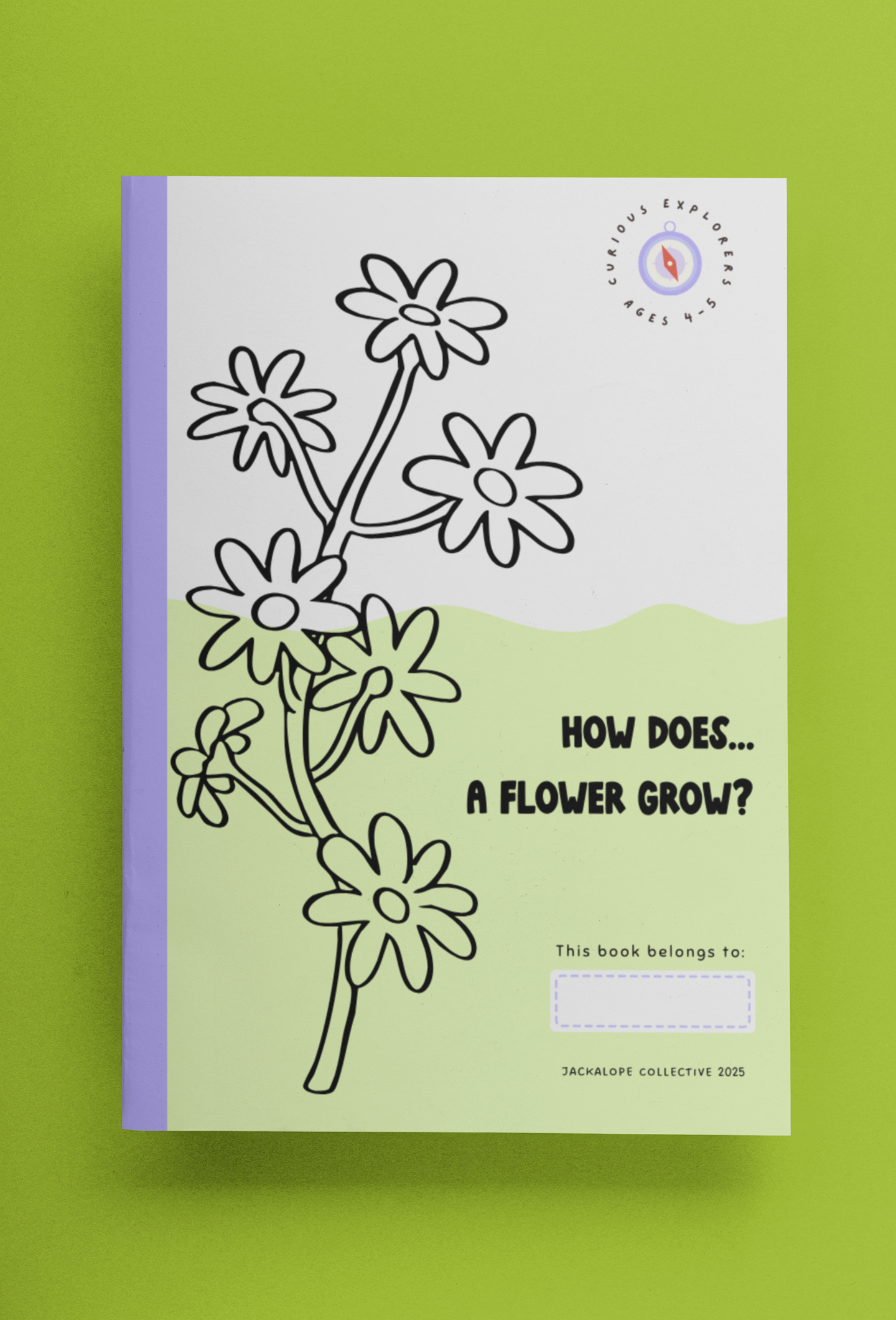Cover of the printable children’s STEAM activity booklet ‘How Does… A Flower Grow?’ for ages 4–5, featuring illustrated flowers on a green and white background.