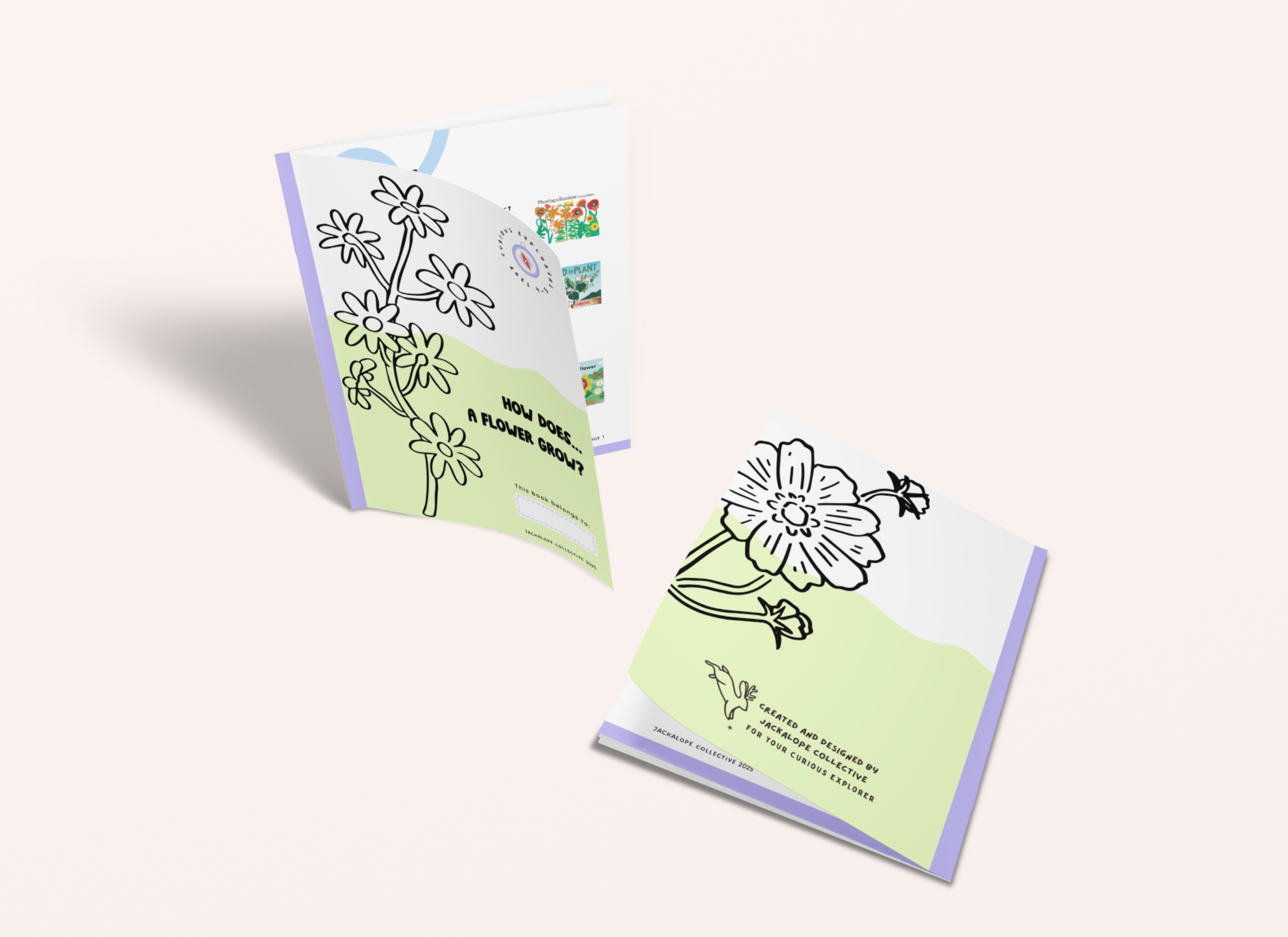Printable STEAM activity booklet for kids ages 4–5 titled ‘How Does… A Flower Grow?’ with illustrated floral covers, shown in a mockup with front and back views.