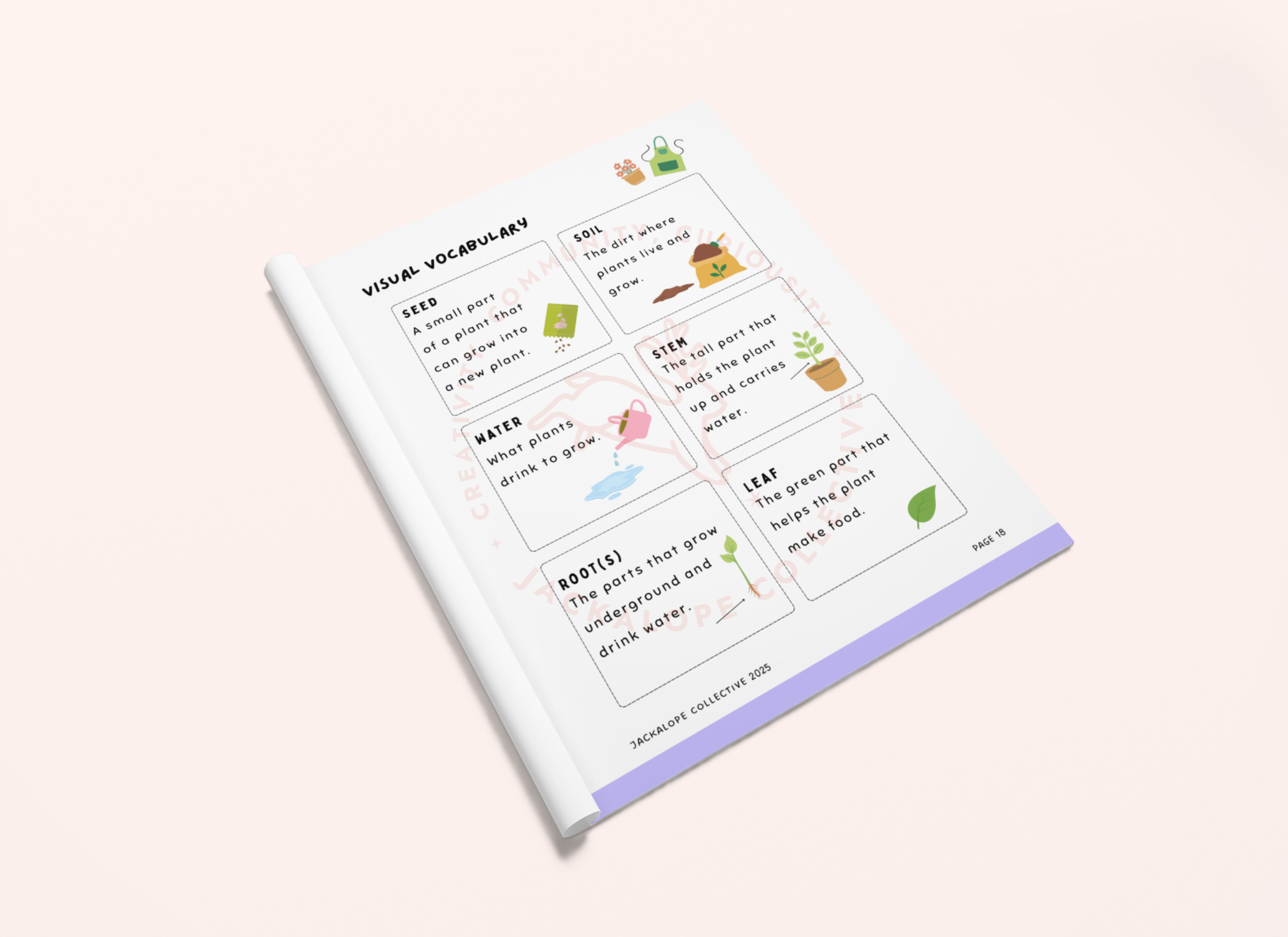 Printable children’s STEAM activity booklet ‘How Does… A Flower Grow?’ featuring a visual vocabulary page with plant words and colorful icons, shown in an open booklet mockup.