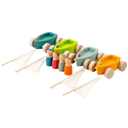 4 Pcs STAINED Wooden Land Yachts Set with 4 Pcs Peg dolls