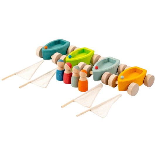 4 Pcs STAINED Wooden Land Yachts Set with 4 Pcs Peg dolls