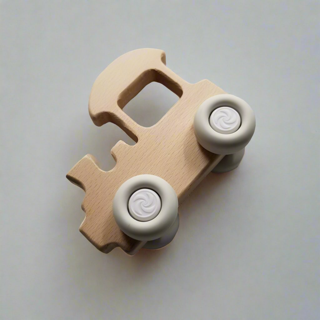 Wood and Silicone Toy Train Teether in Natural Wood and White