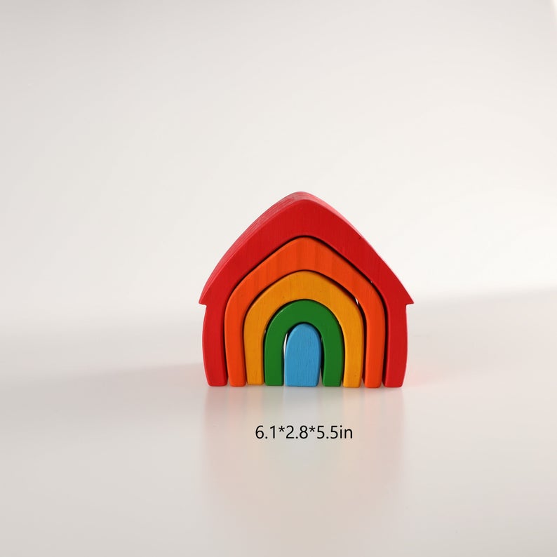 5 Pcs STAINED Rainbow Wooden Stacking House
