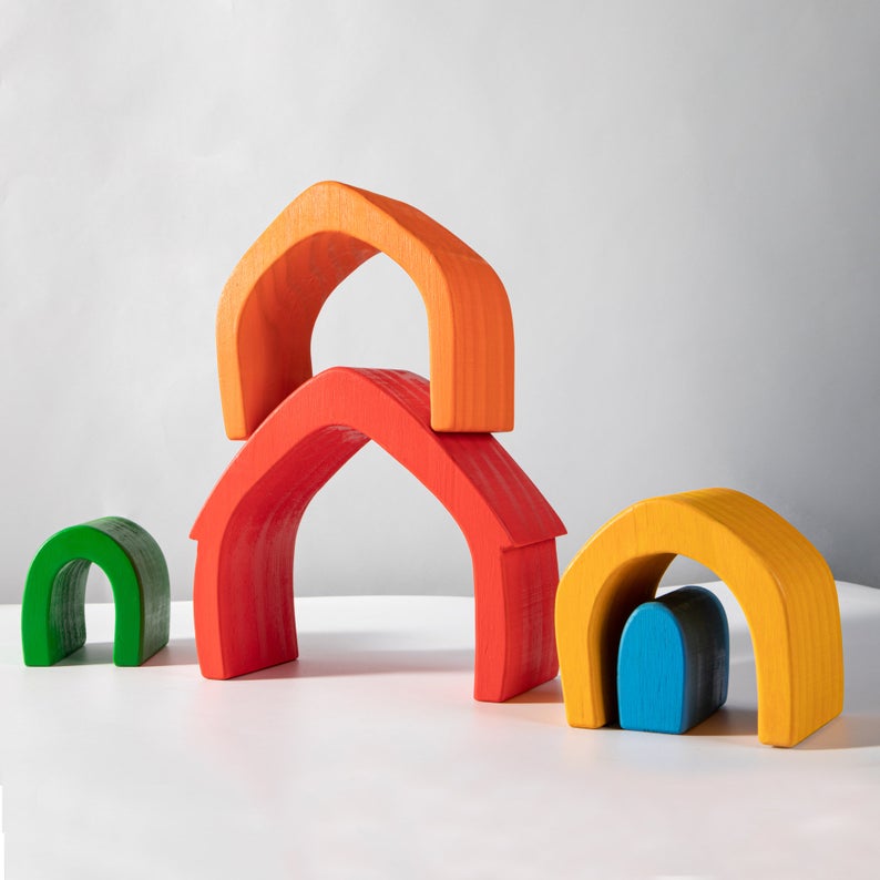 5 Pcs STAINED Rainbow Wooden Stacking House