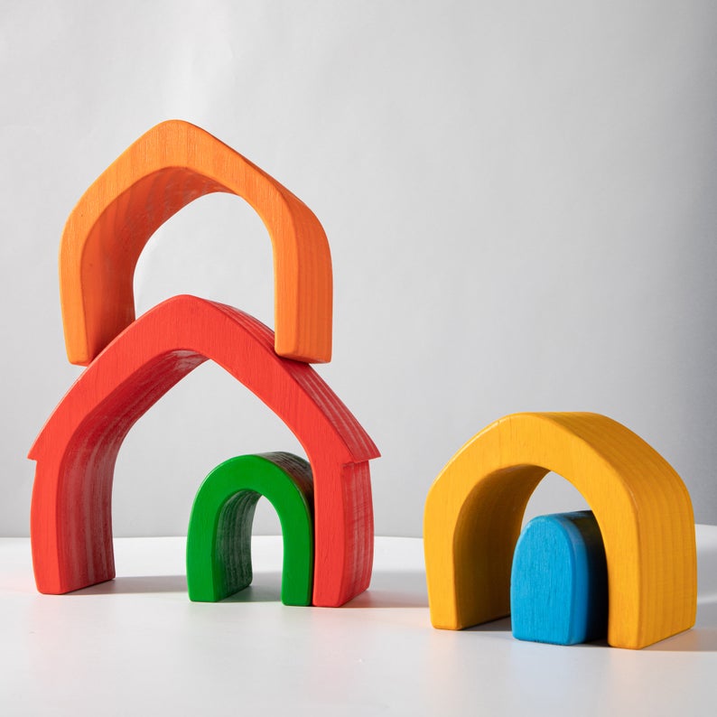 5 Pcs STAINED Rainbow Wooden Stacking House