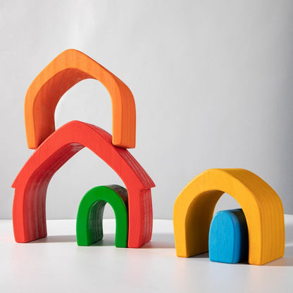 5 Pcs STAINED Rainbow Wooden Stacking House