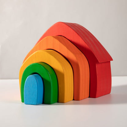 5 Pcs STAINED Rainbow Wooden Stacking House