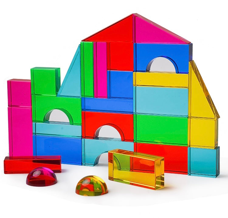28 Pcs Rainbow Translucent Acrylic Sensory Building Blocks with Storage Tray
