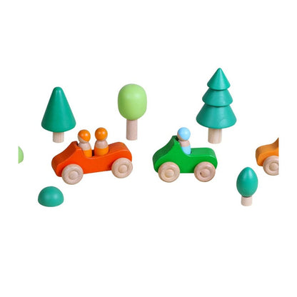 7 Pcs Colored Wooden Rainbow Cars Set with 3 pcs Peg Dolls
