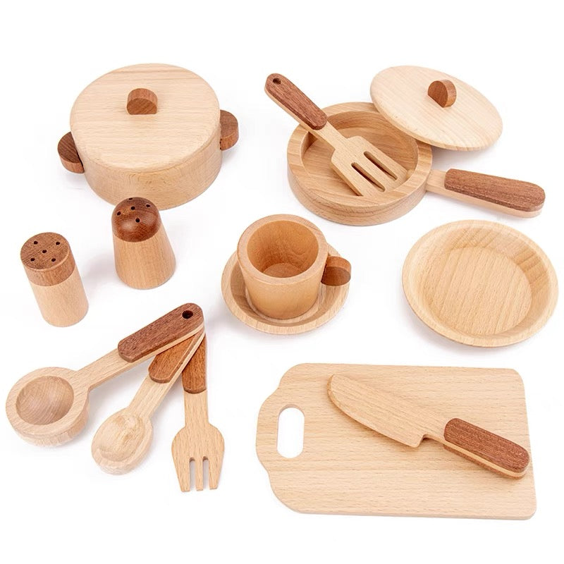 15 Pcs Wooden Kitchen Cookware Playset